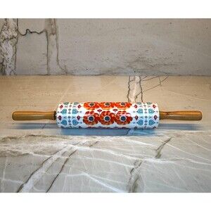 Anthropologie Poppy Ceramic Rolling Pin Orange Floral Wood Handle NWOT
